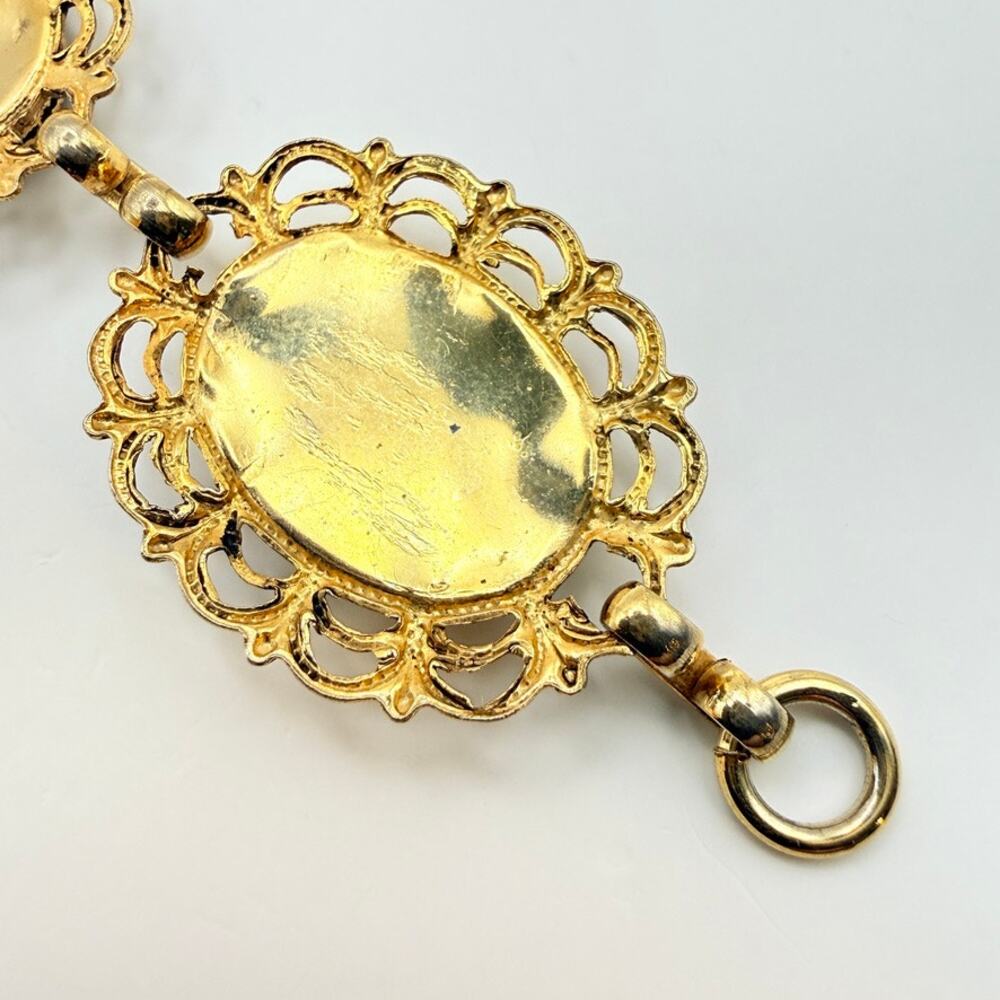 Vtg Oval Jade Chip Cluster Confetti Panel Link Bracelet Gold Tone Filigree 7" - Picture 7 of 10